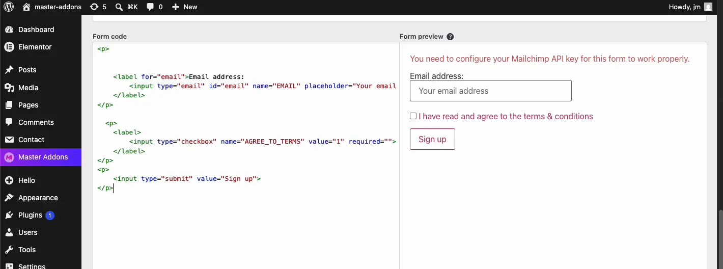 Completed custom Mailchimp form markup in the WordPress admin code editor