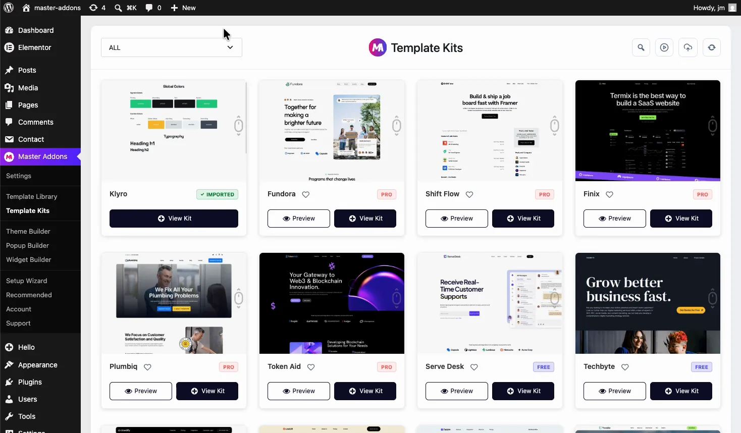 Master Addons Template Kits library in WordPress showing free and pro Elementor website kits
