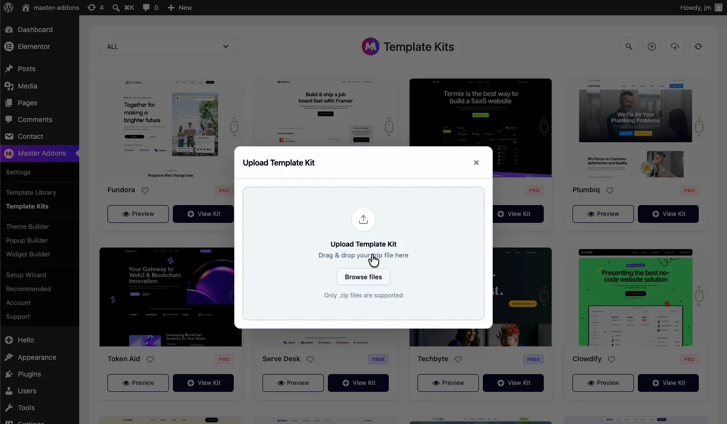 Upload Template Kit window in Master Addons for importing an Envato Elements template kit ZIP file