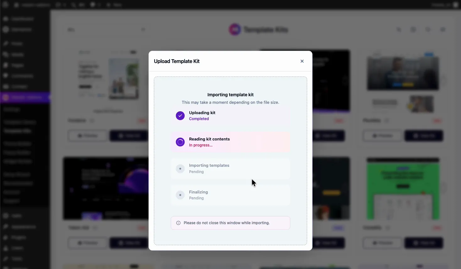 Envato Elements template kit import progress in Master Addons showing uploading and reading kit contents