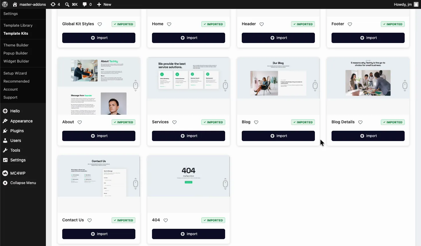 Imported Envato template kit templates with import buttons for Global Kit Styles, Home, Header and Footer