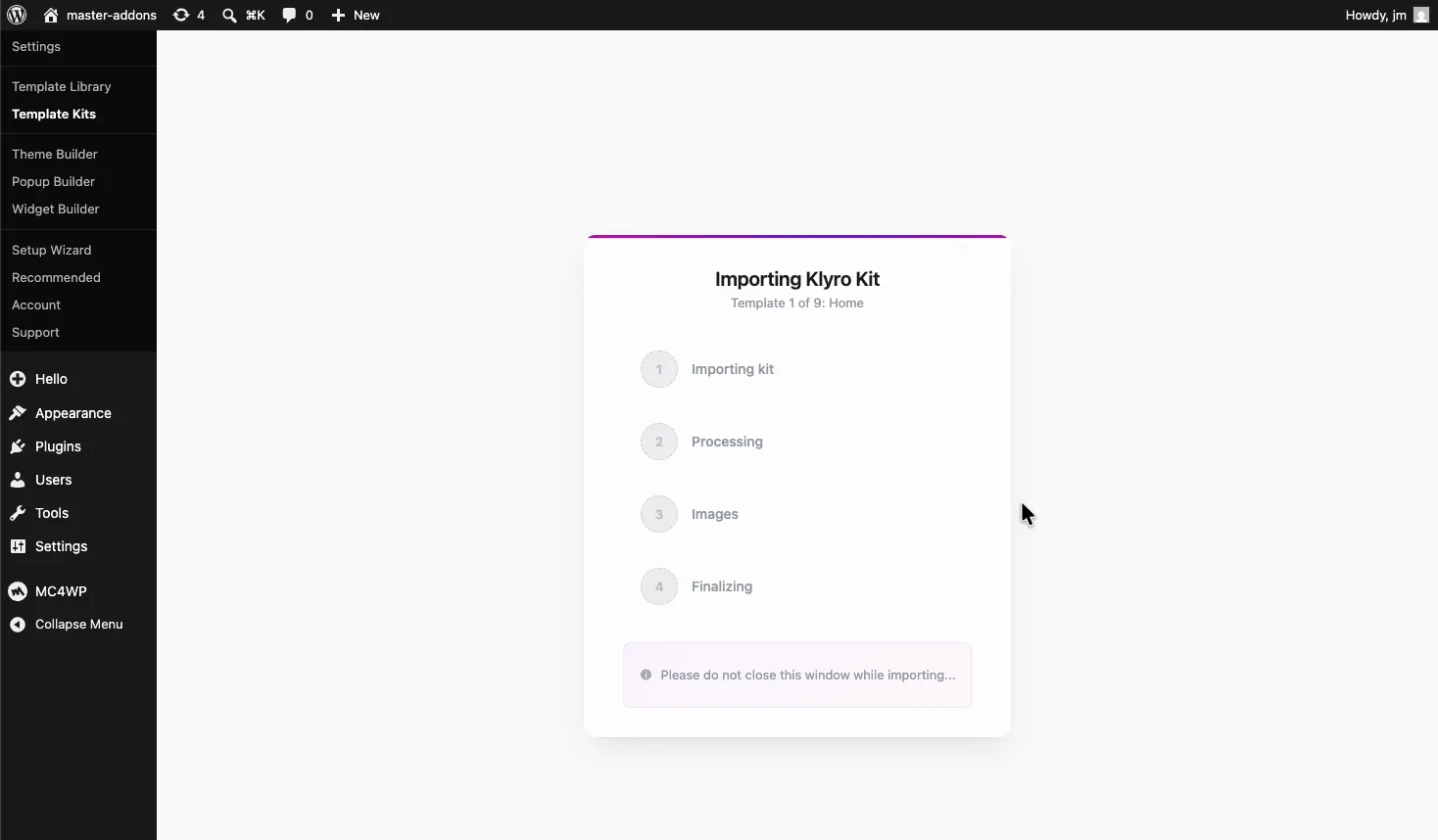 Master Addons importing Envato Elements kit templates one by one with four progress steps