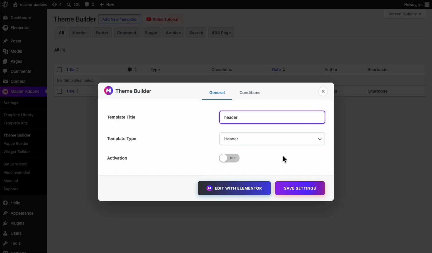 Master Addons Theme Builder creating a header template for the imported Envato Elements kit