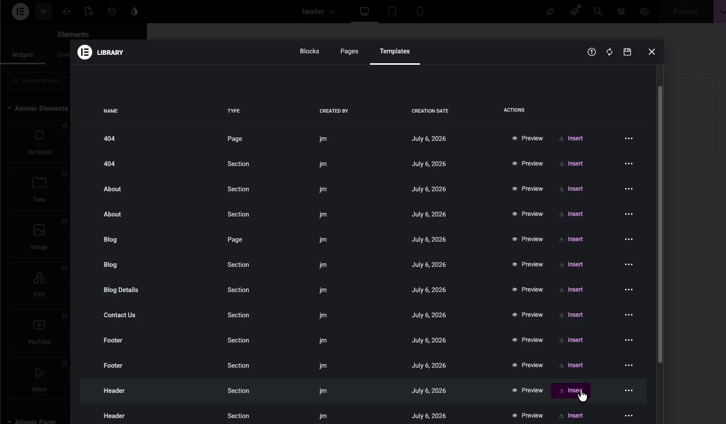Elementor library templates tab inserting the Envato kit header section into the theme builder