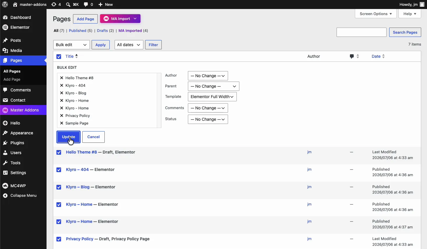 WordPress bulk edit setting all imported template kit pages to the Elementor Full Width template