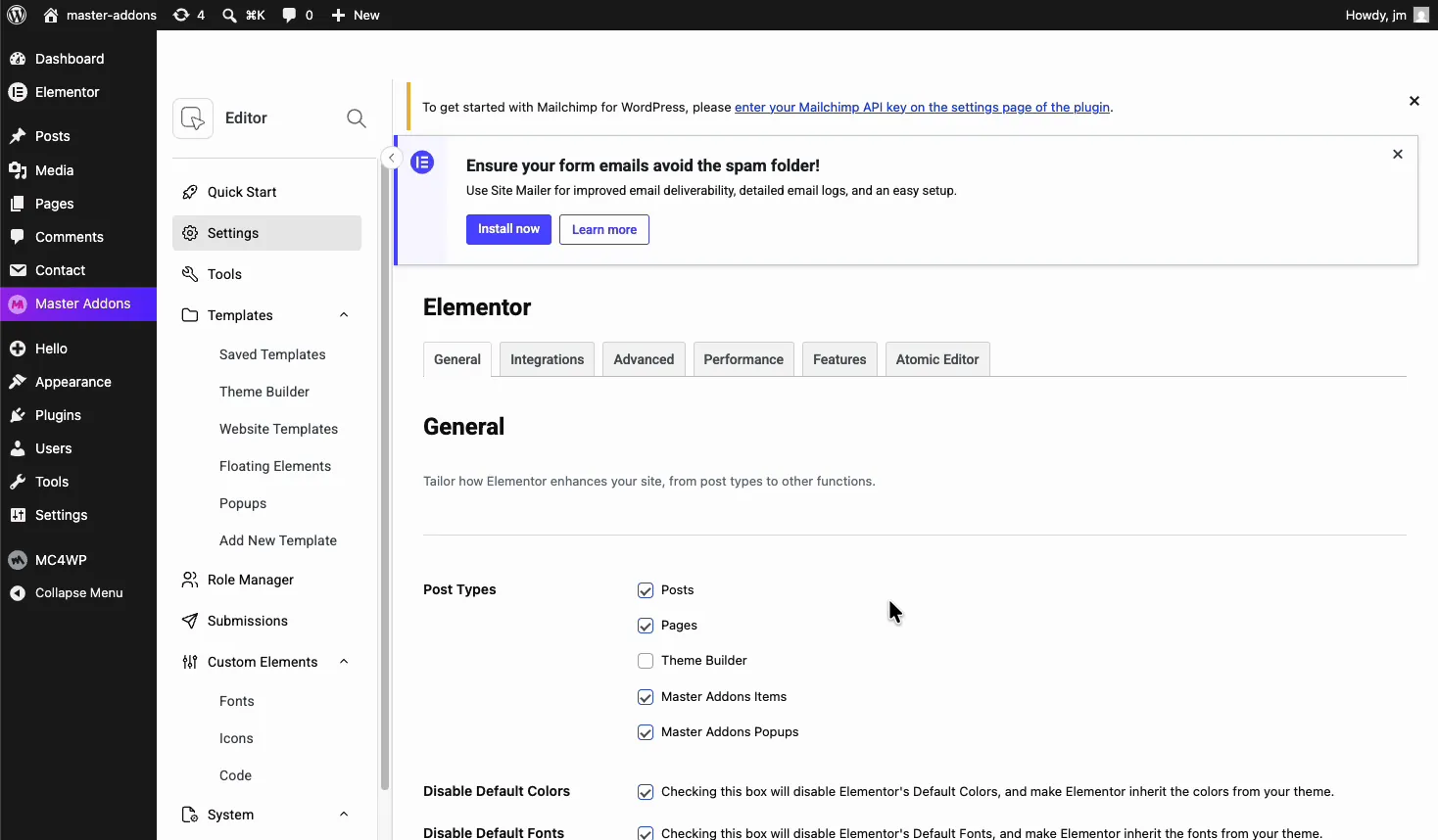 Disable Default Colors and Disable Default Fonts options in Elementor settings for template kit styling