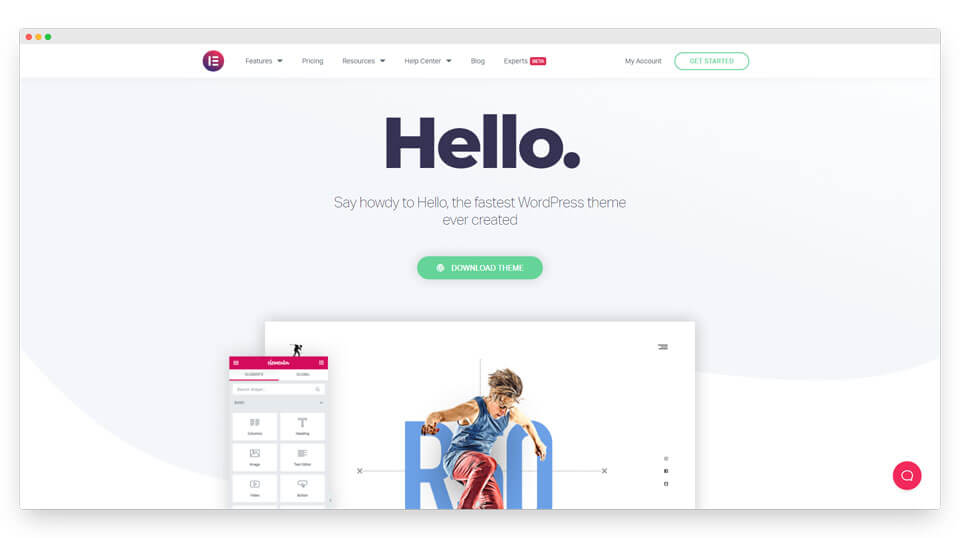 Hello Elementor theme, the official lightweight theme for Elementor