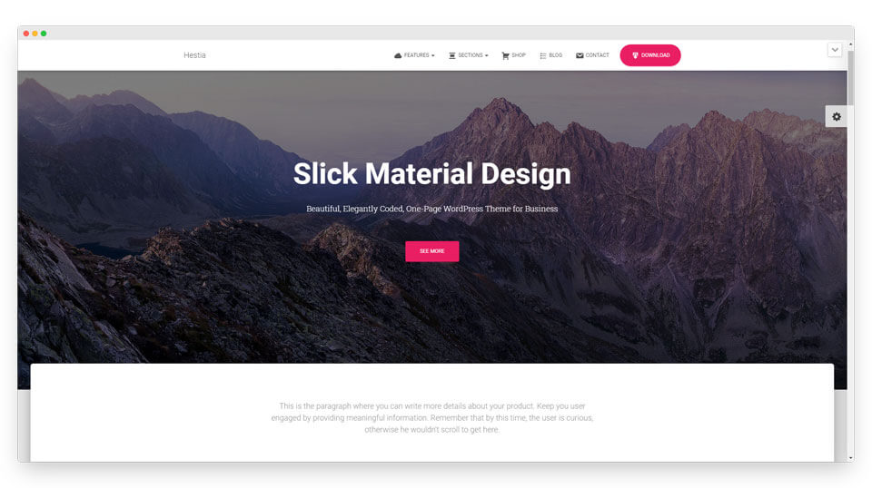 Hestia one-page WordPress theme for Elementor
