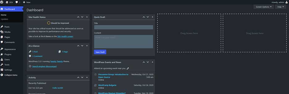 Dark Mode for WP Dashboard plugin screenshot showing a dark WordPress admin