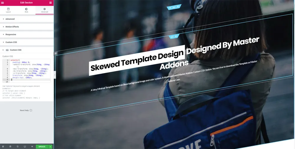 Pasting skew transform CSS into the MA Custom CSS field on an Elementor container's Advanced tab