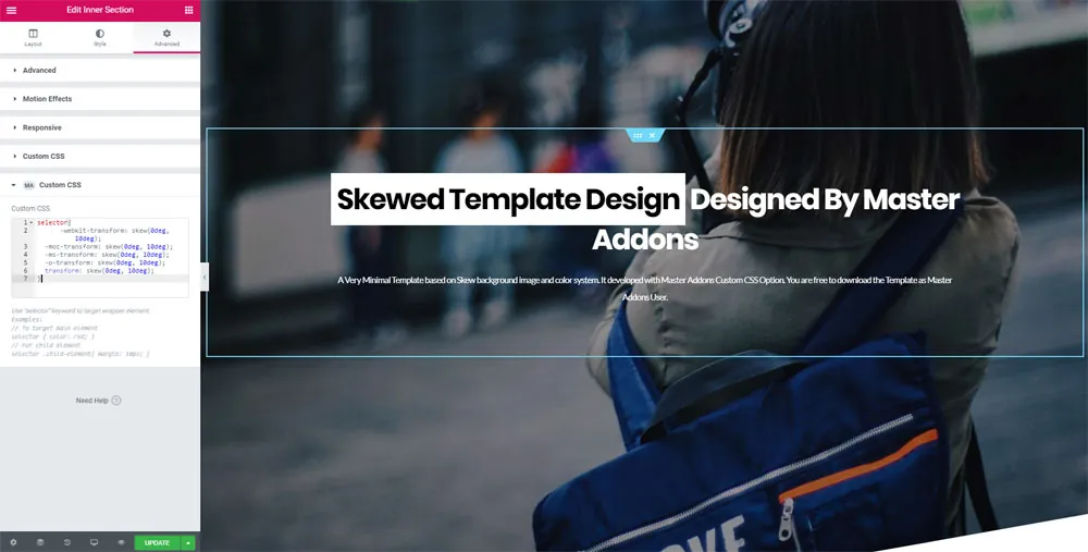 Counter-skew CSS applied to the inner Elementor container so the content sits straight while the background stays angled