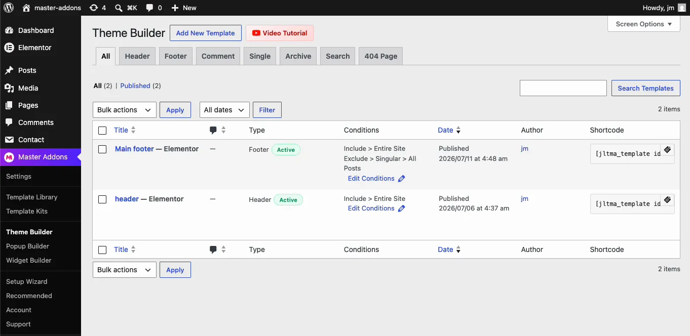 Master Addons Theme Builder in WordPress showing the active Elementor header template