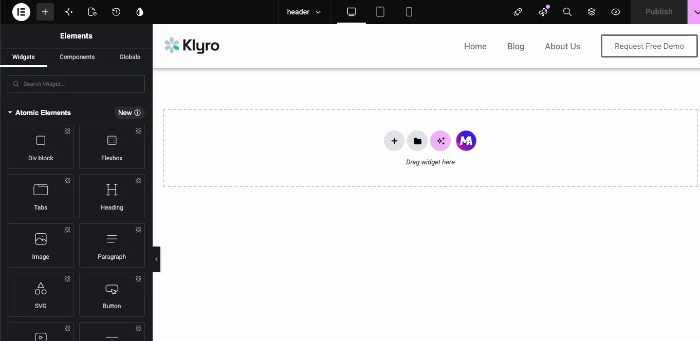 Elementor header template open in the editor, ready to be made sticky