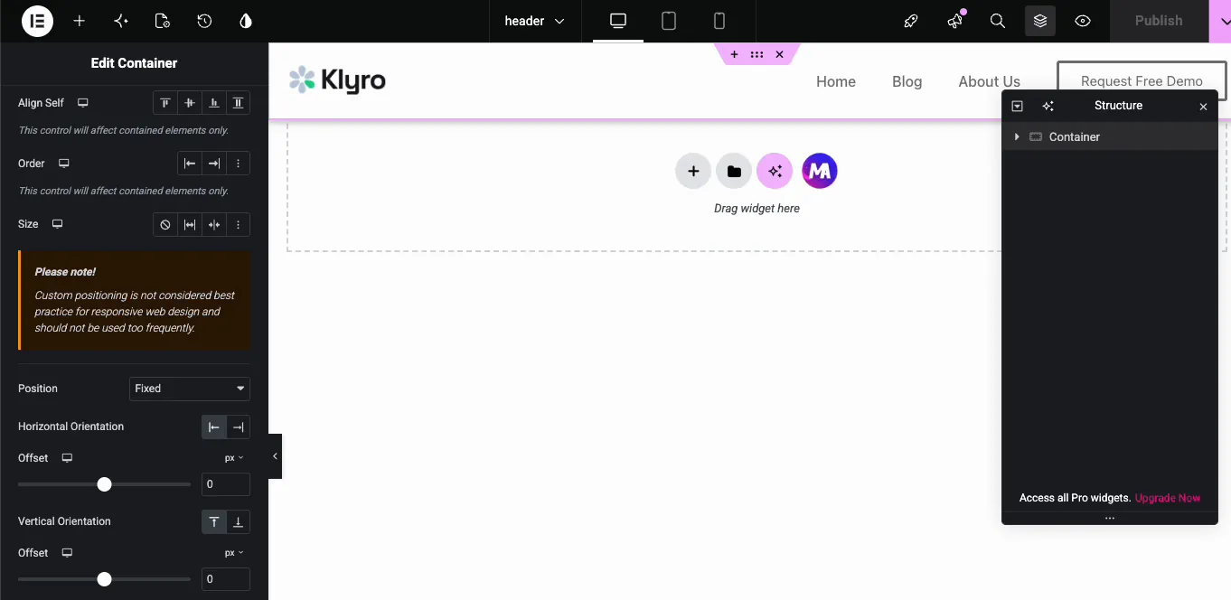 Publishing the sticky header template in the Elementor editor