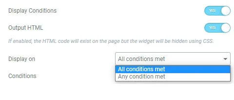 Elementor conditional display settings showing the Display Conditions toggle, Output HTML toggle, and the Display on dropdown with All conditions met and Any condition met
