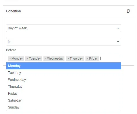 Elementor conditional display using the Day of Week condition with Monday to Friday selected