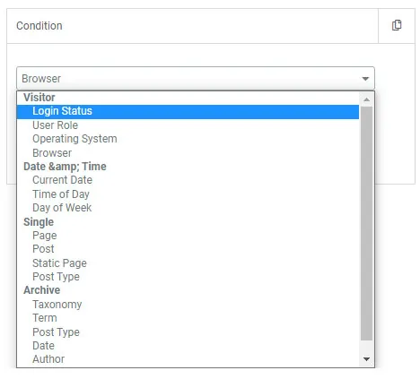 The full Elementor conditional display dropdown listing Visitor, Date and Time, Single, and Archive condition types