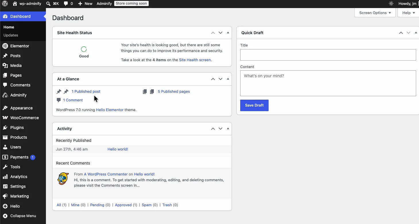 The default WordPress admin dashboard with stock menu, welcome panel, and plugin notices
