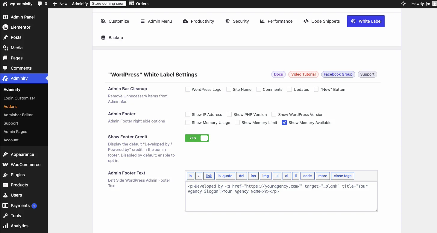 WP Adminify branding settings for the WordPress admin logo, favicon, and footer text