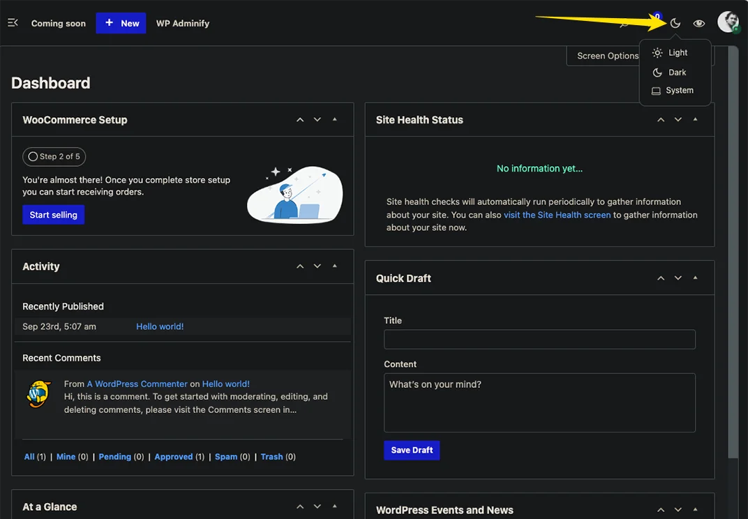 Dark and light mode switcher in the WordPress admin bar