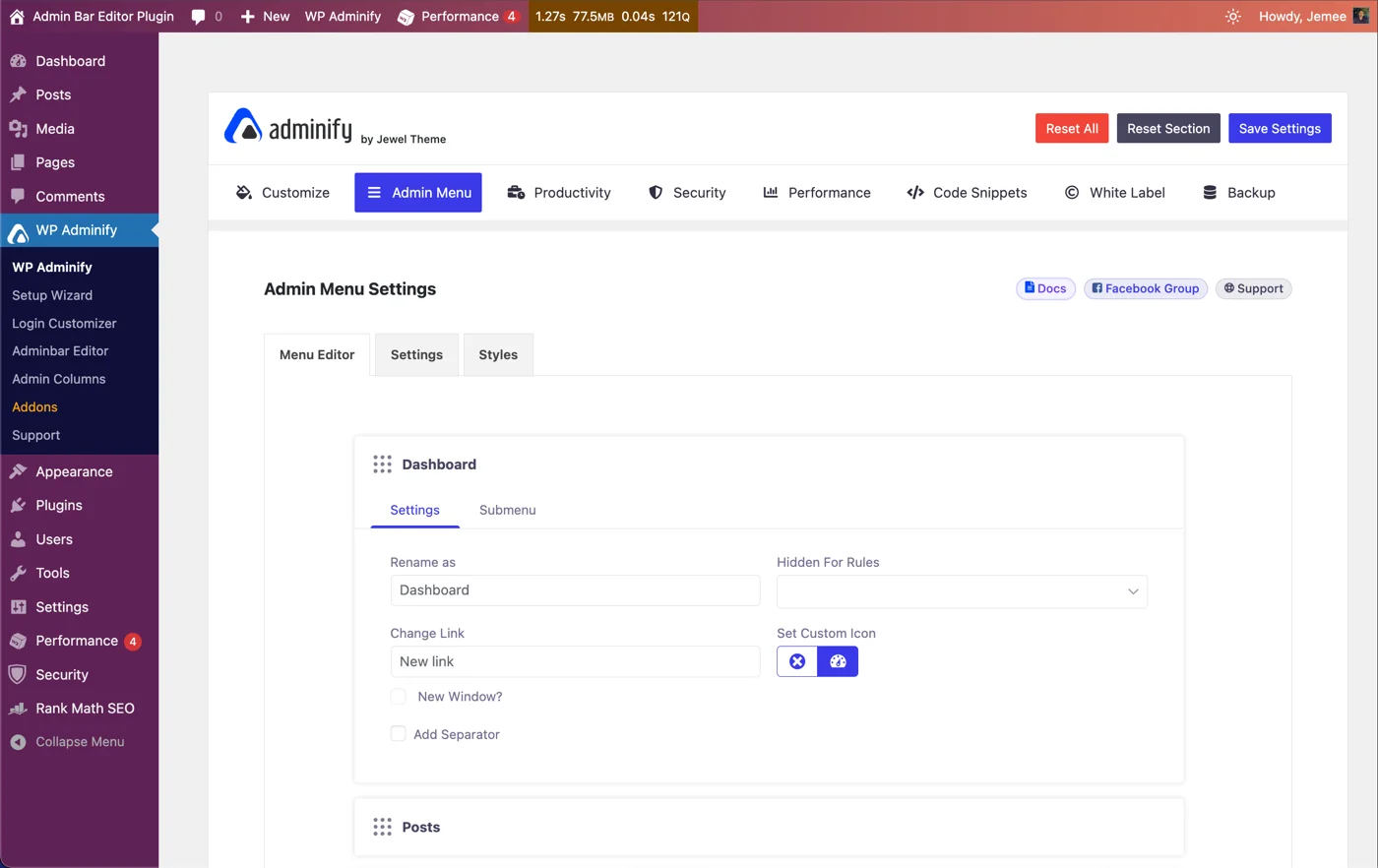 WP Adminify admin menu editor panel for reordering WordPress dashboard menu items