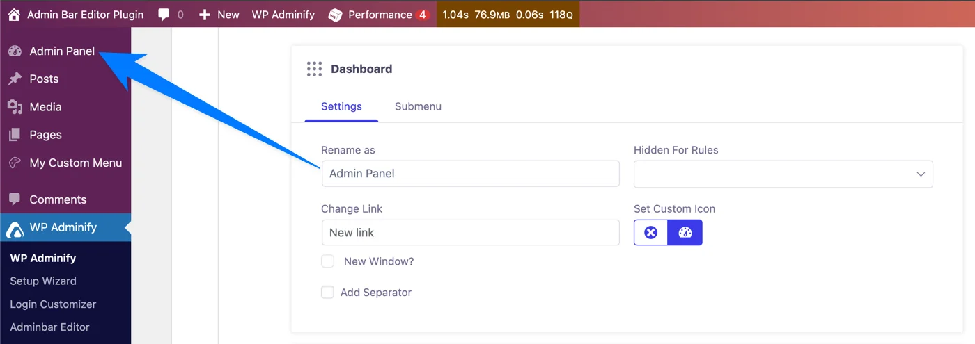 Renaming existing WordPress admin menu items in the menu editor