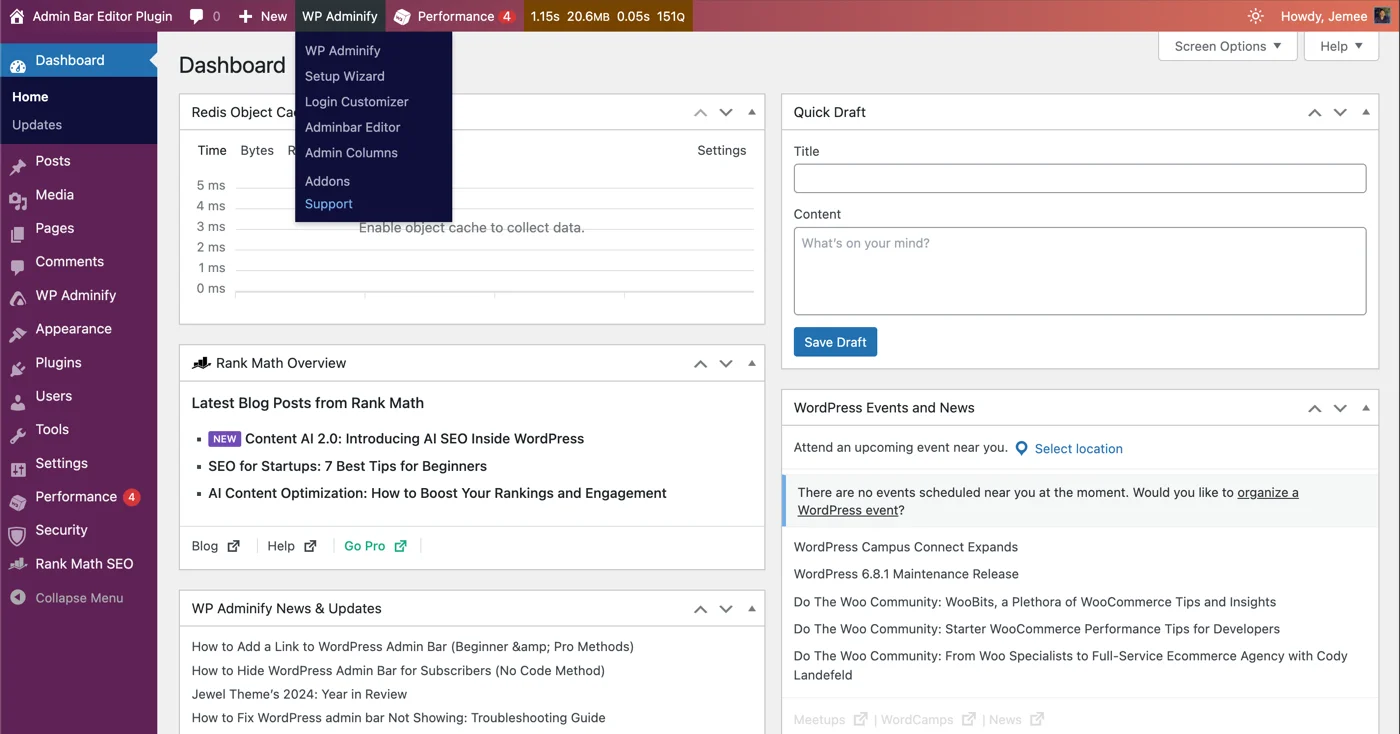 A cleaned up WordPress admin bar prepared for client handoff