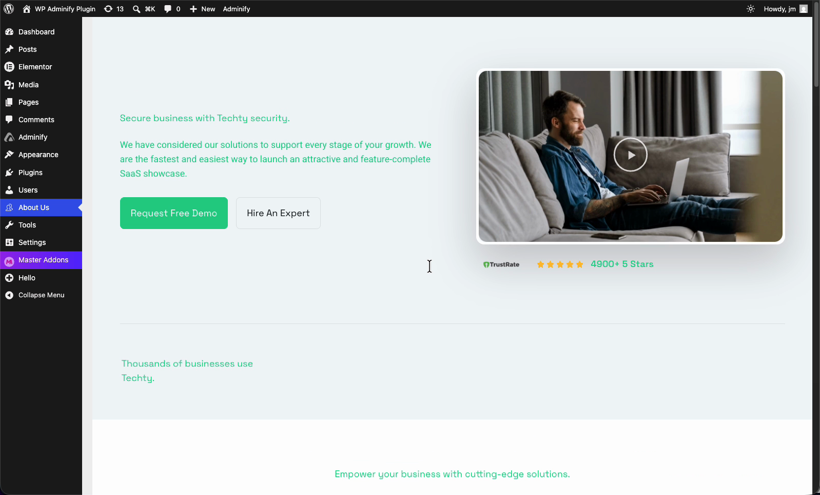 A custom admin page live inside the WordPress dashboard, built with a page builder