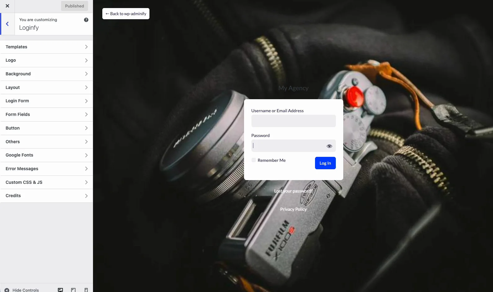 Loginfy login page customizer panel in the WordPress Customizer