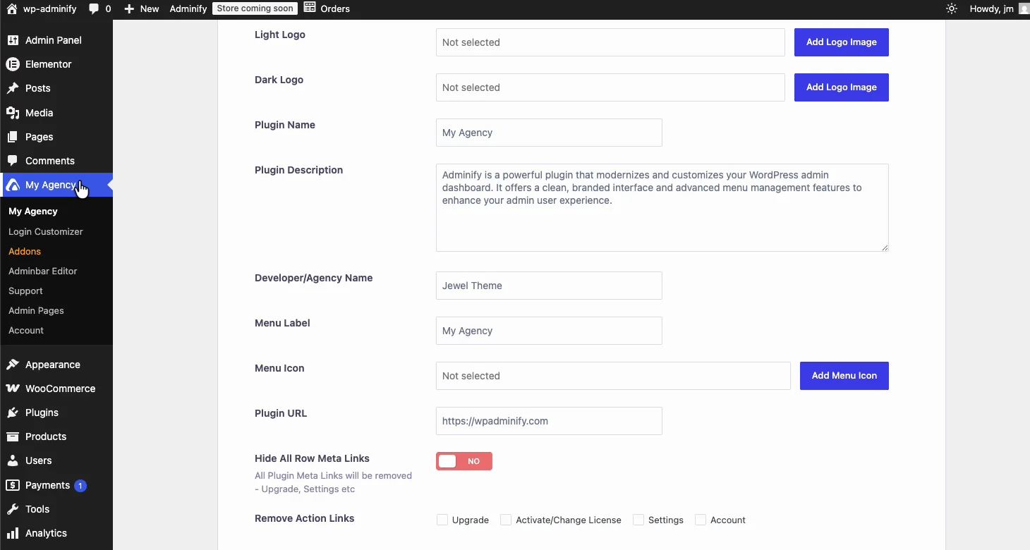 WP Adminify white labeled and renamed to an agency brand in the WordPress admin menu