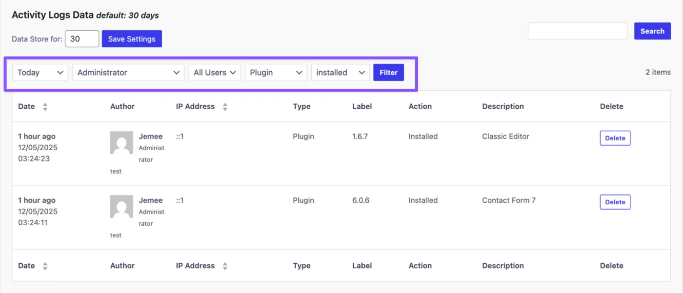 Filtering WordPress activity logs by time, user, and event type