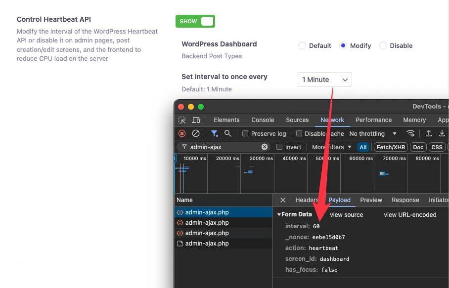 WordPress Heartbeat API control settings for the dashboard and post editor