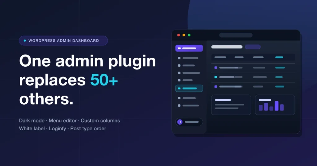WordPress admin dashboard plugin WP Adminify showing a dark mode admin panel with a custom menu and admin columns
