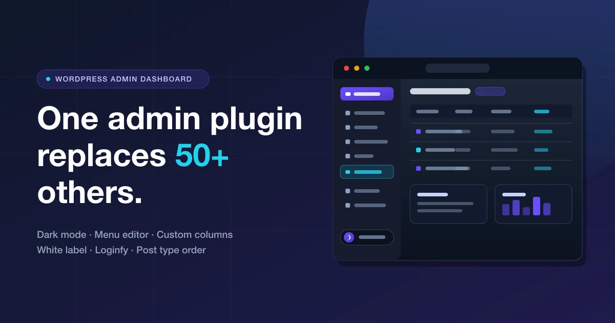 WordPress admin dashboard plugin WP Adminify showing a dark mode admin panel with a custom menu and admin columns