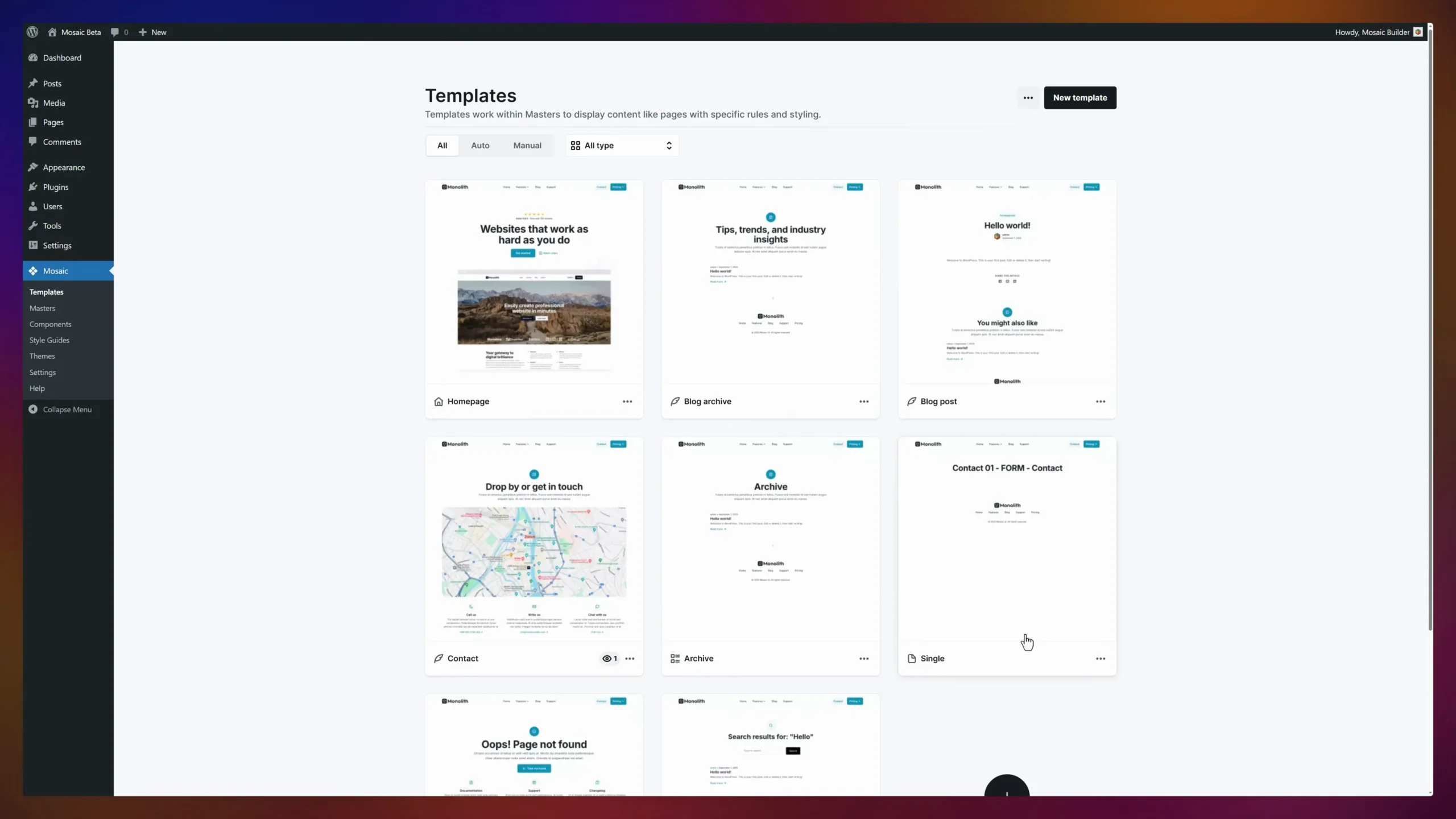 Mosaic Builder templates dashboard in WordPress admin showing homepage, blog, contact, and 404 templates