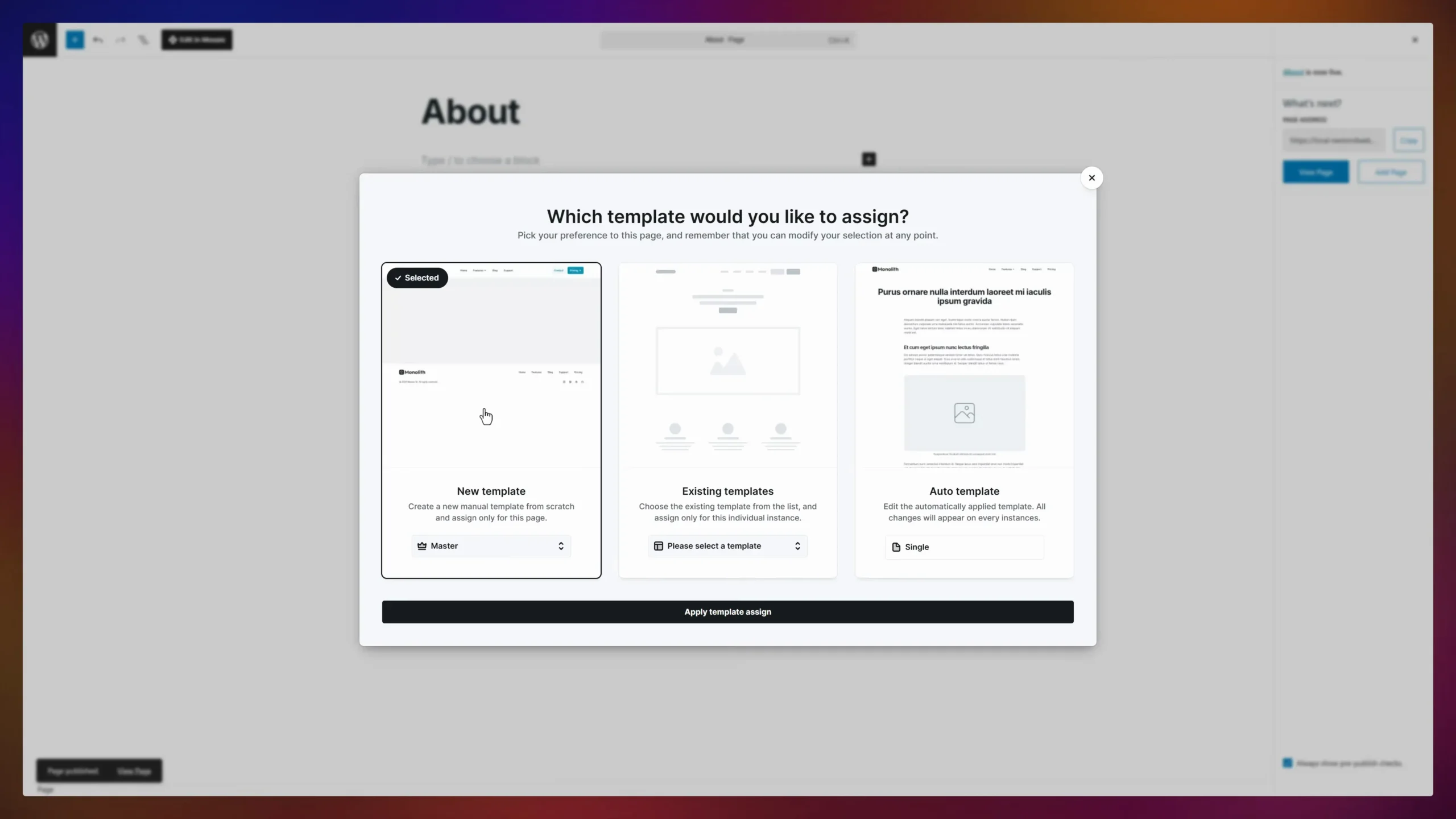 Mosaic Builder template assignment dialog with new, existing, and auto template options