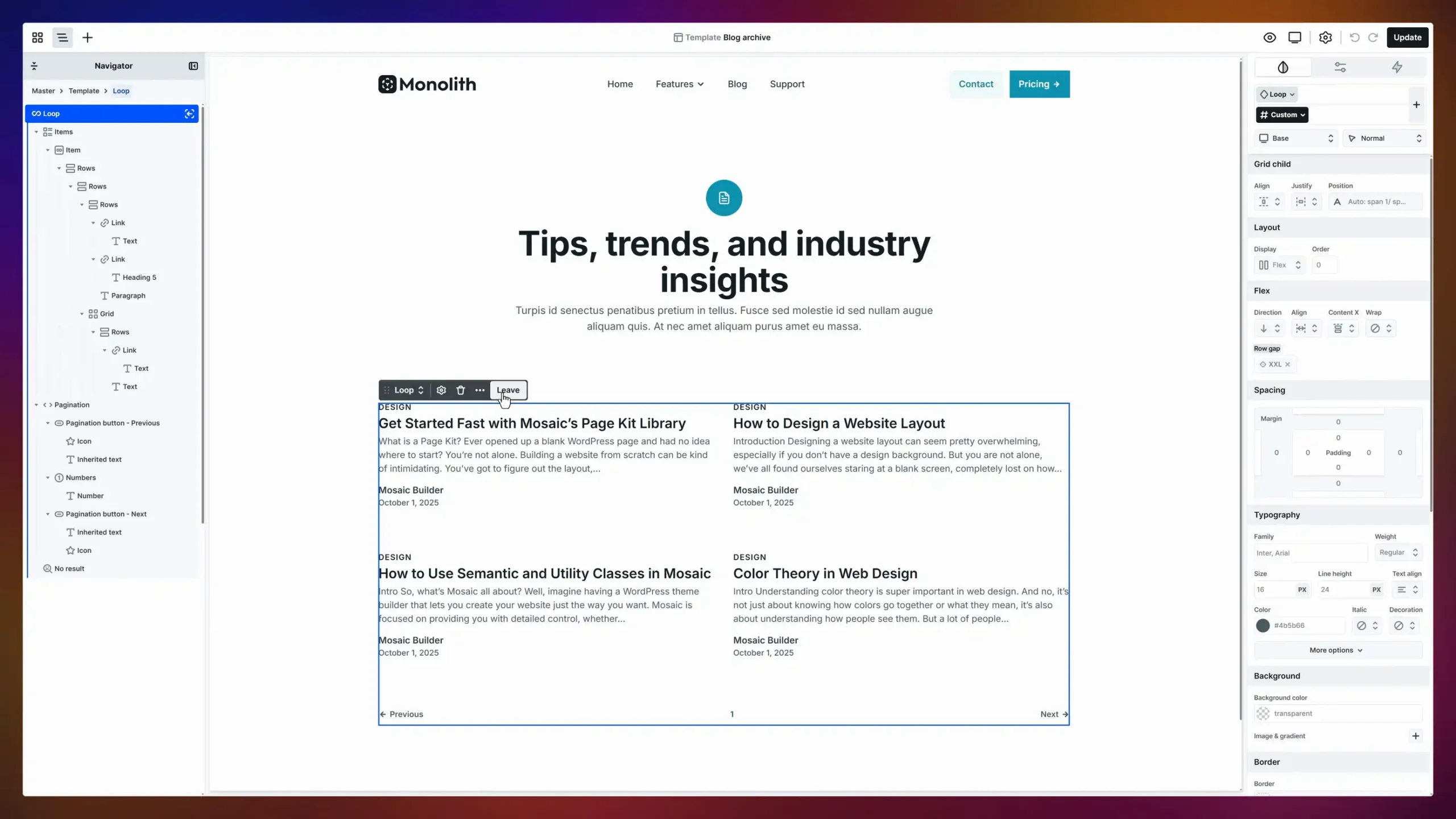 Mosaic Builder loop builder creating a dynamic blog archive layout with pagination