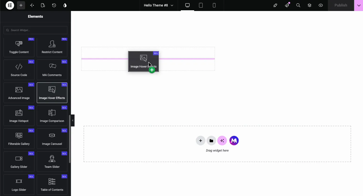 Dragging the Image Hover Effects widget into an Elementor page from the Master Addons widget panel