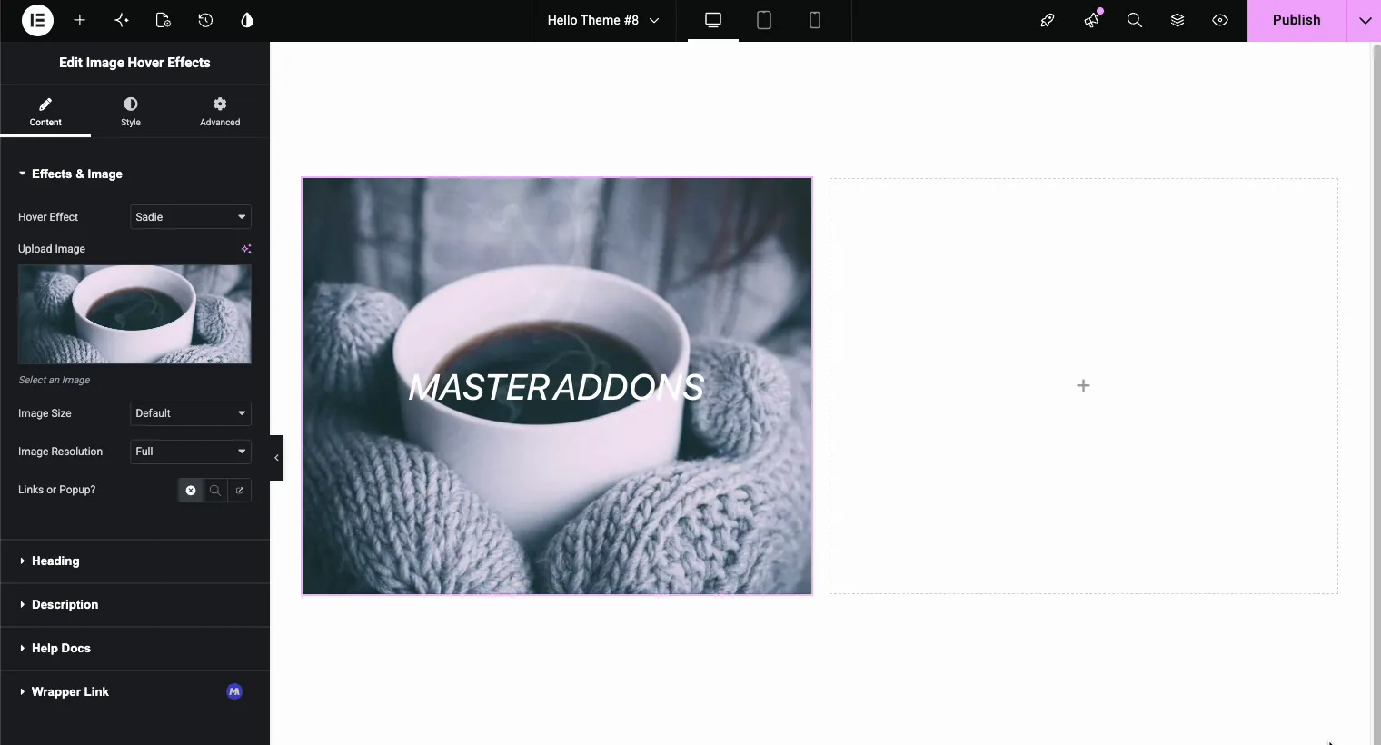 Image Hover Effects Content tab in Elementor showing hover effect, upload image, image size and resolution settings
