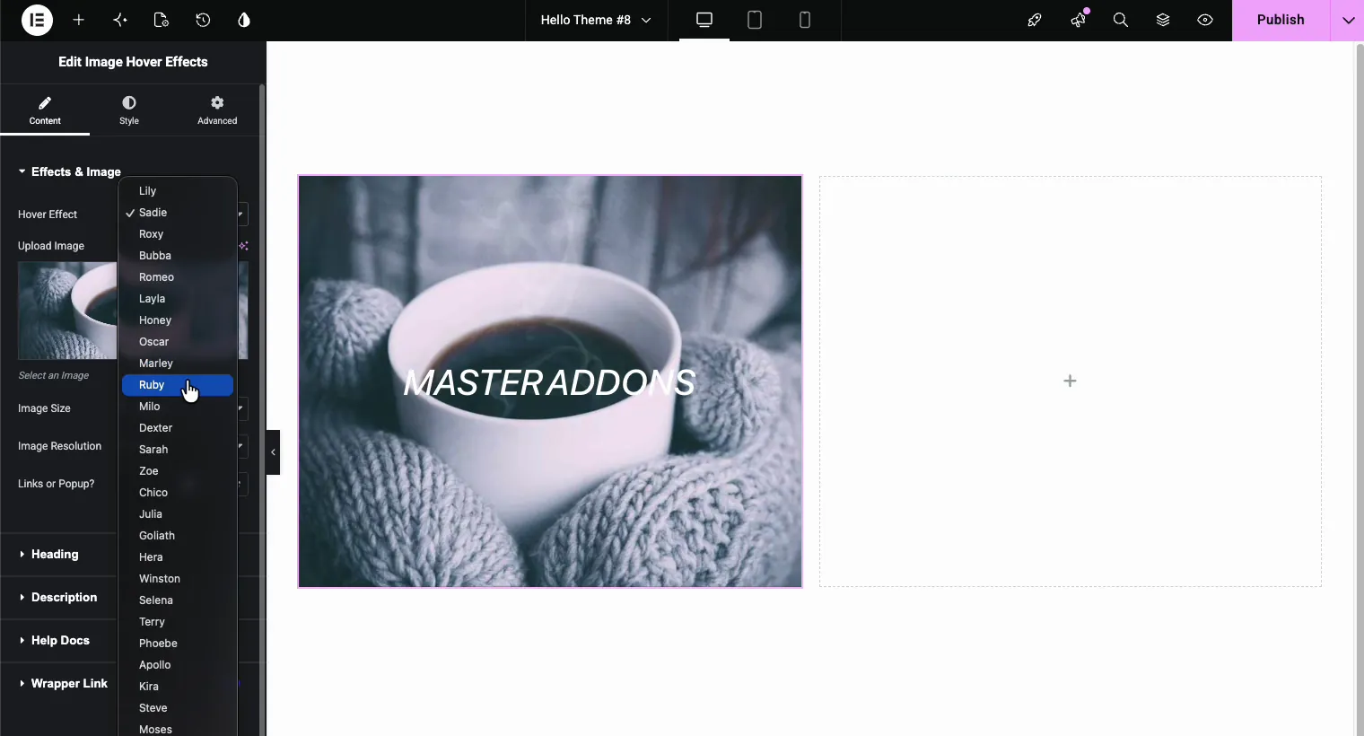 Hover effect dropdown in the Elementor Image Hover Effects widget listing 25+ named effects like Sadie, Ruby and Chico