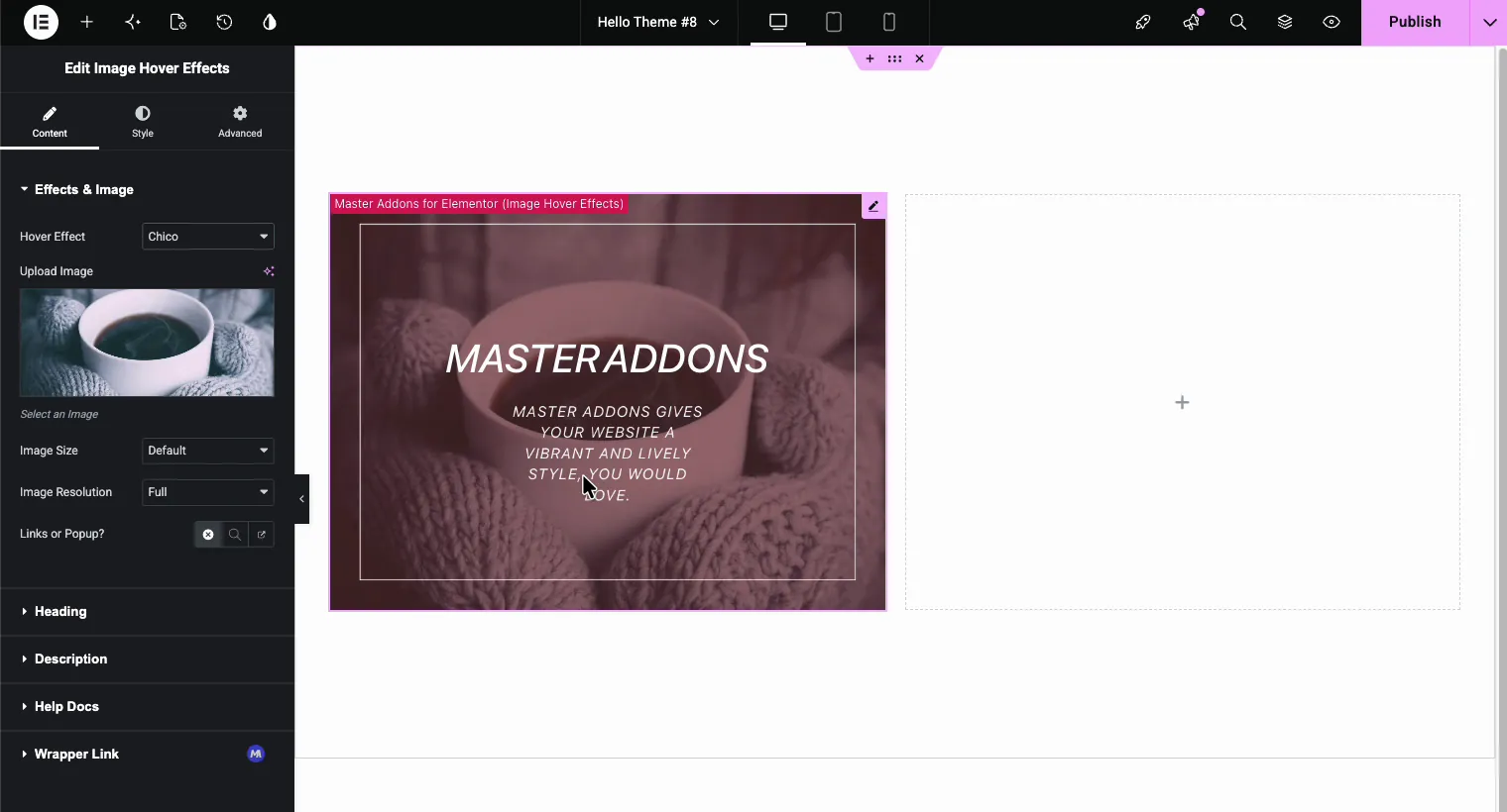 Chico hover effect preview in Elementor showing text over image with a dark overlay and thin frame border