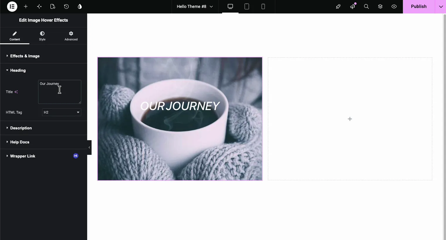 Heading section of the Image Hover Effects widget with title field and HTML tag selector set to H2