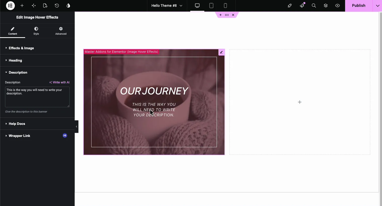 Description field in Elementor with hover preview showing title and description text over the image