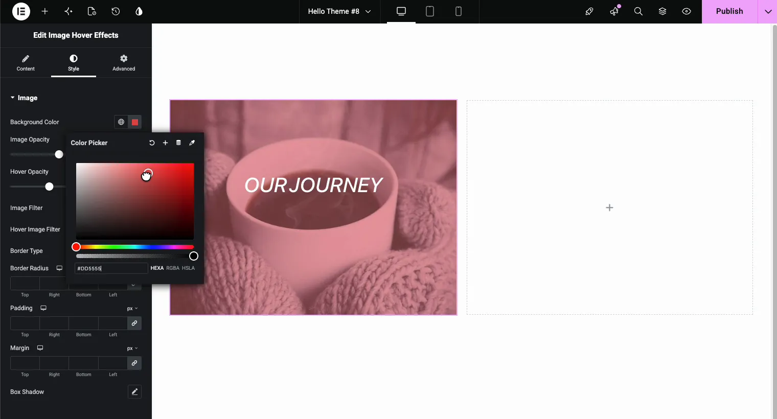 Style tab color picker setting the overlay background color for Elementor text over image