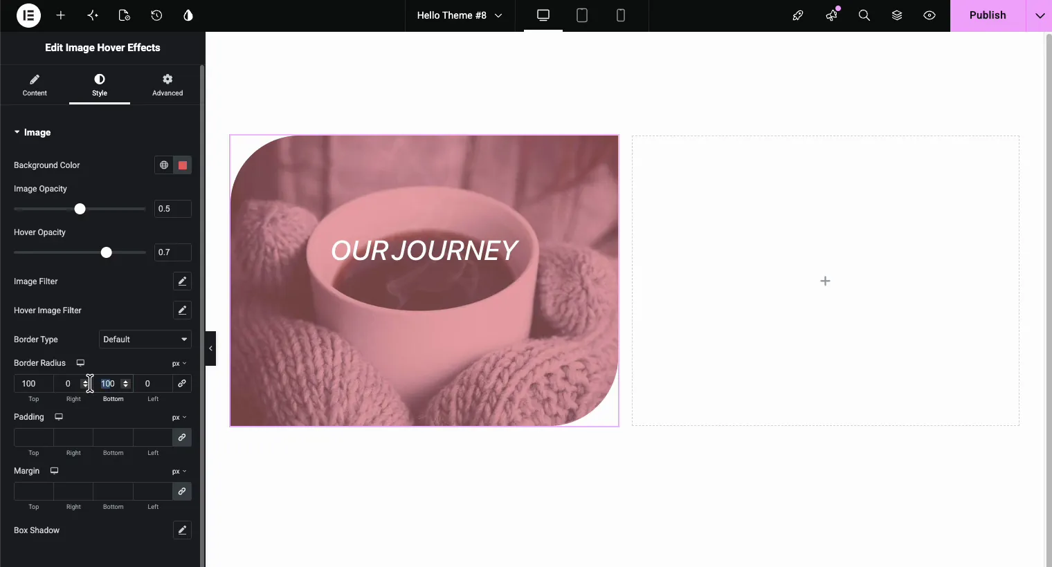 Border radius controls creating rounded corners on an Elementor image with text overlay