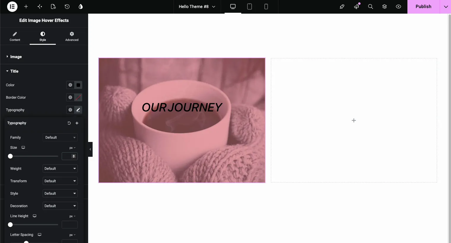 Title typography settings in Elementor showing font family, size, weight and color for text over image