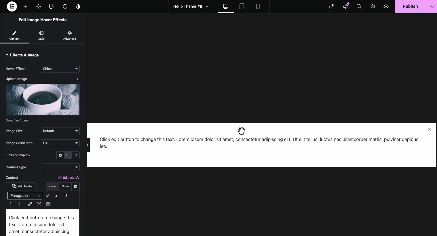 Popup opened from an Elementor image click showing editable popup content in the Image Hover Effects widget