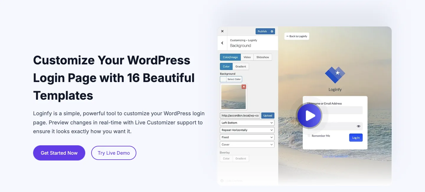 Loginfy login customizer page