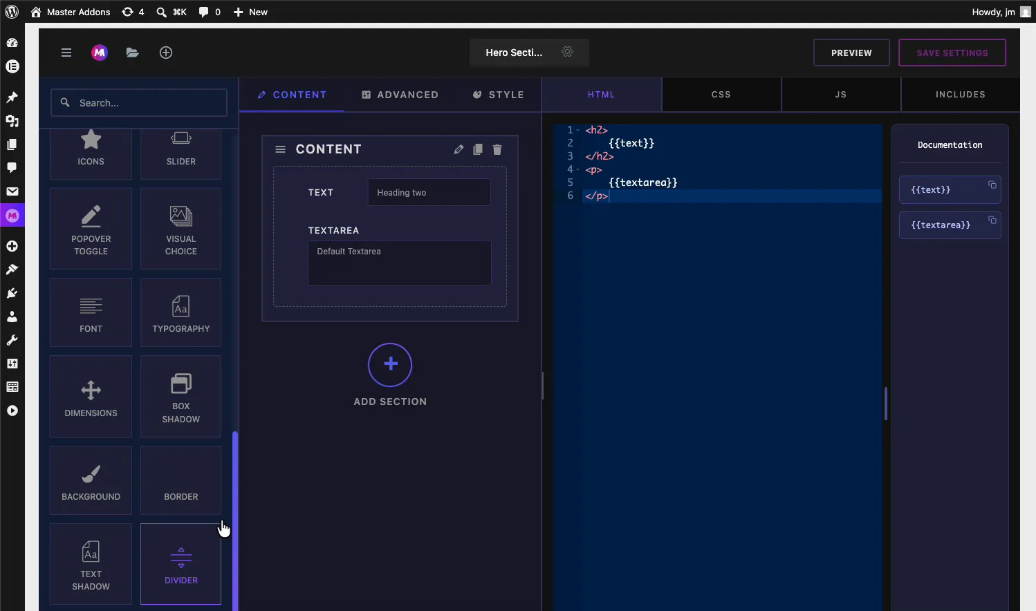 Divider field in the Master Addons Widget Builder fields panel with a Text and Textarea field already added to the Content section