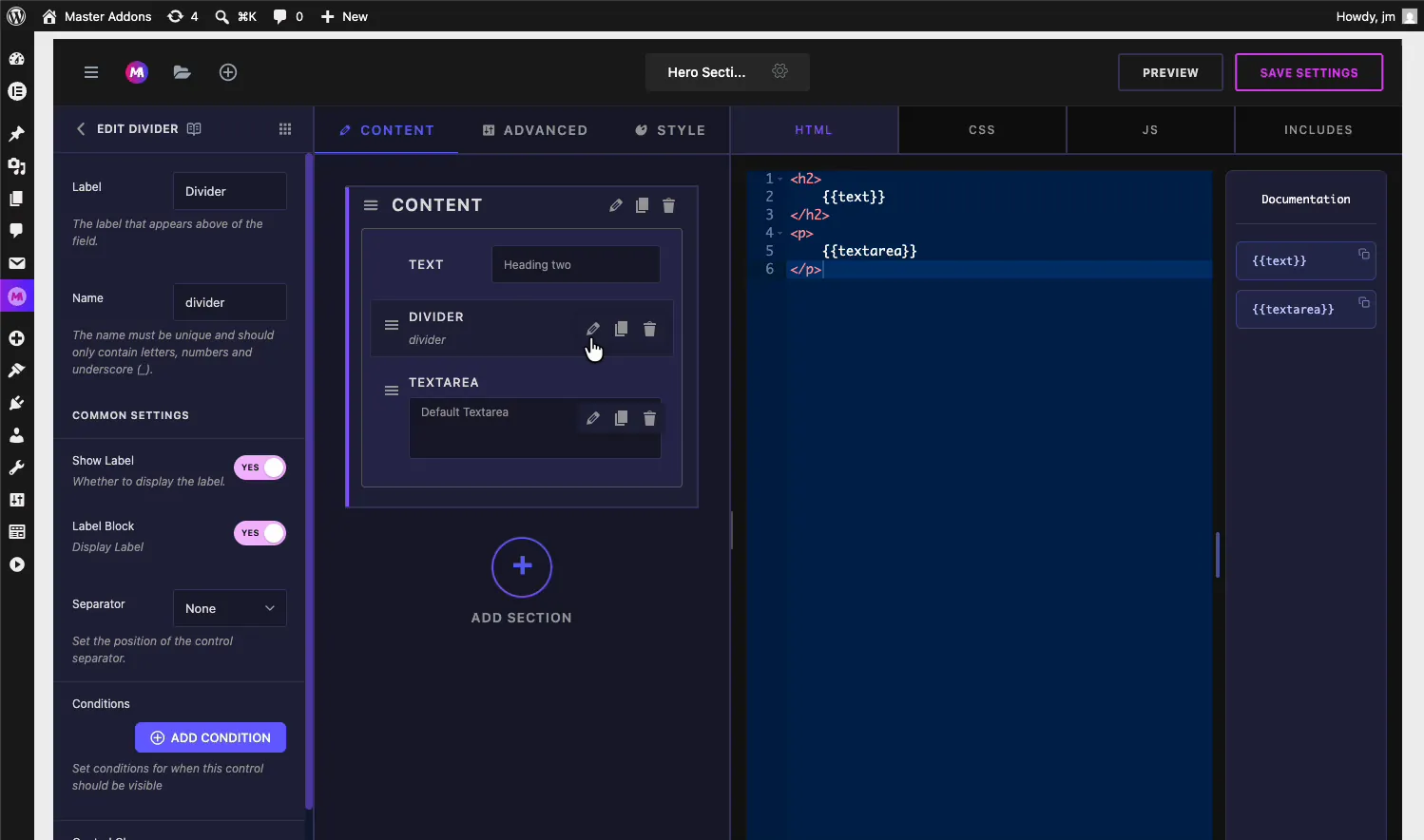 Divider field placed between the Text and Textarea fields in the Widget Builder Content section with its drag handle visible
